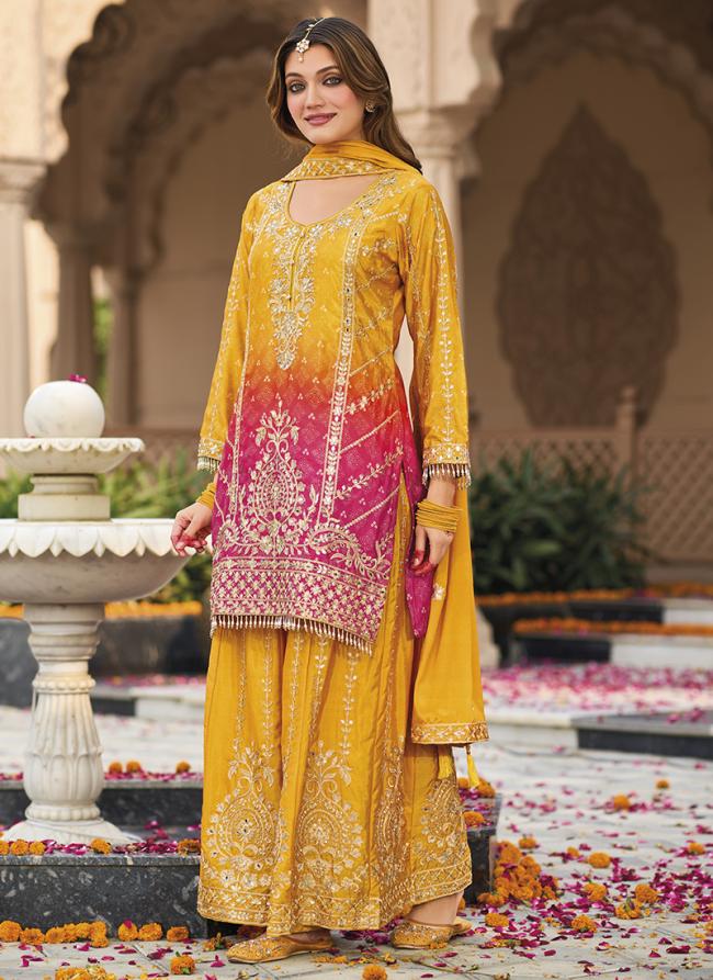 Chinnon Mustard Wedding Wear Zari Work Readymade Plazzo Suit